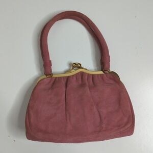 Vintage Mauve Suede‎ Kiss Lock Top Handle Handbag Evening Purse Romantic Vogue